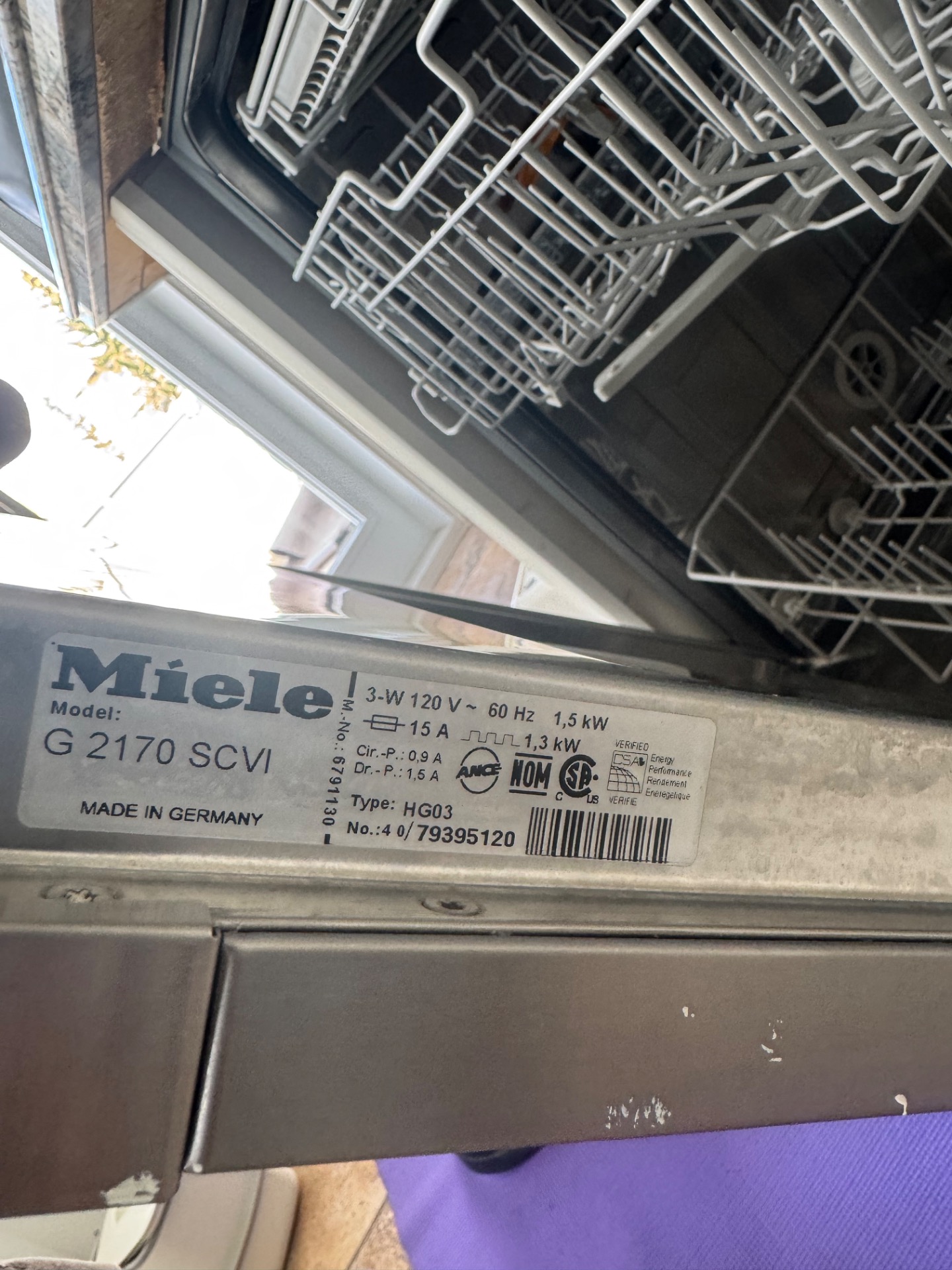 Miele G 2170 SCVI built-in dishwasher with door panel removed for gasket inspection in Arbour Lake, Calgary