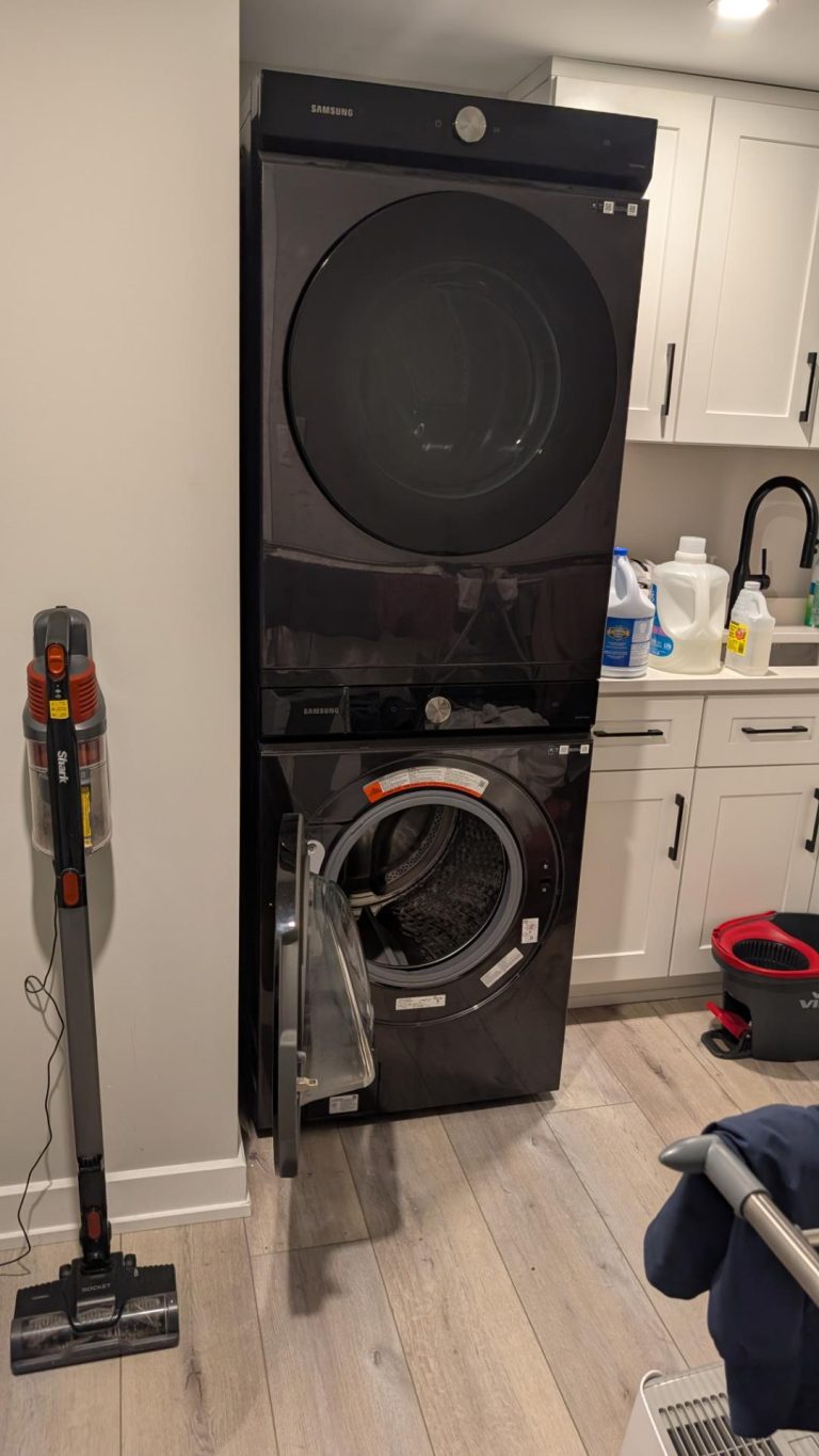 Samsung Bespoke stacked washer and dryer after door switch repair in a Stittsville, Ottawa laundry room