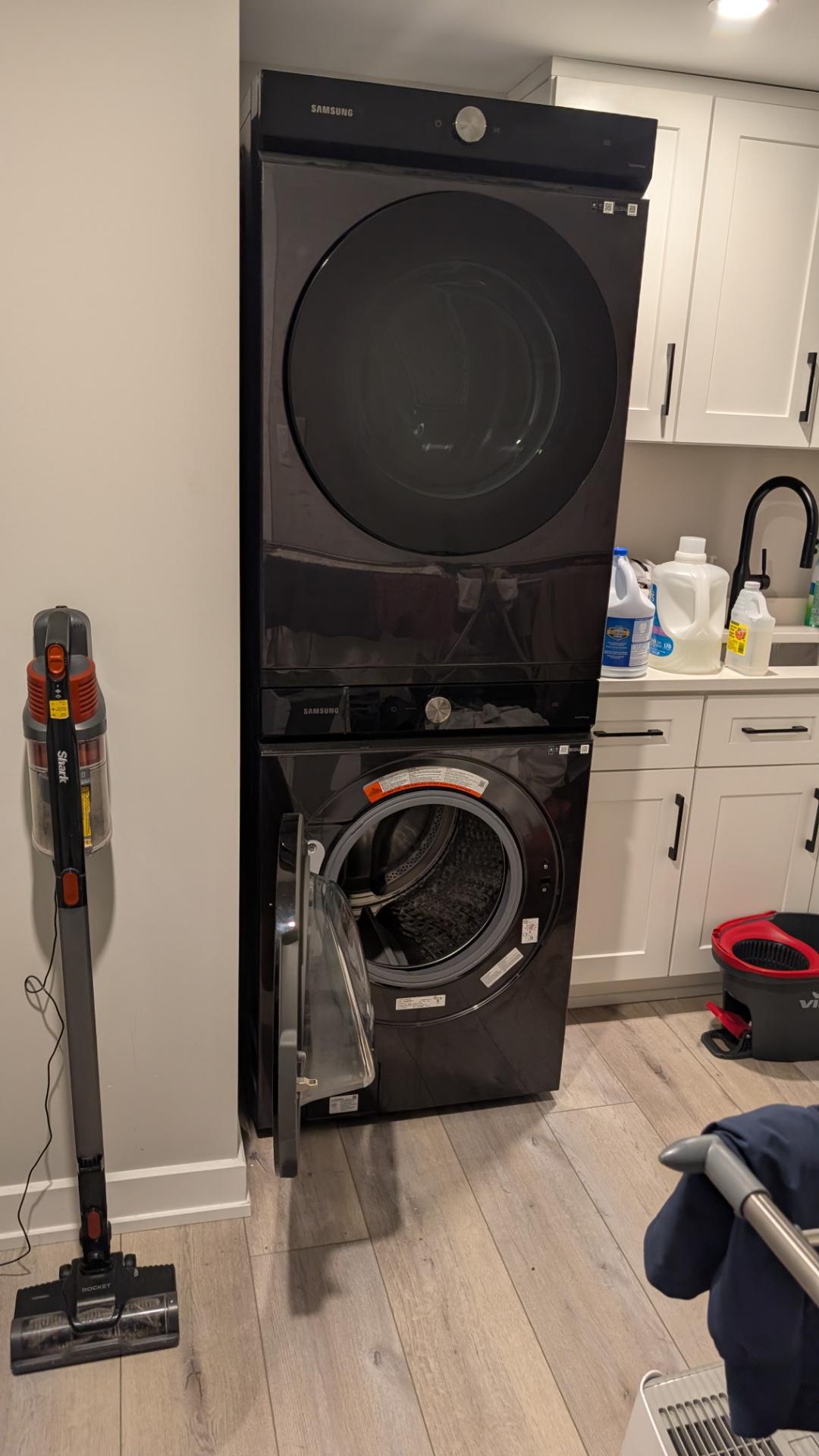 Samsung Bespoke stacked washer and dryer after door switch repair in a Stittsville, Ottawa laundry room