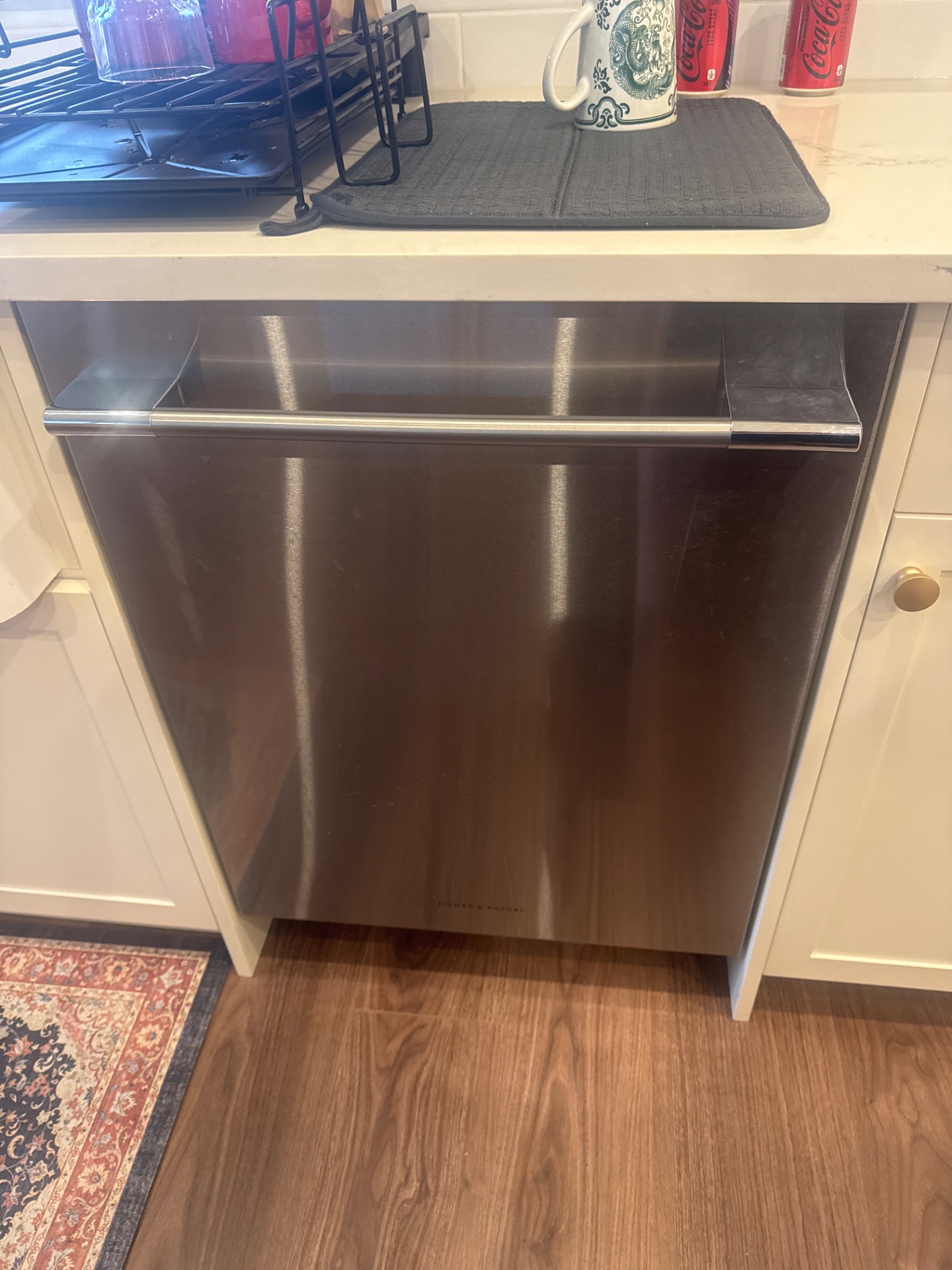 Fisher & Paykel DW24U6I1 dishwasher with the stainless front panel refitted and secured after repair in Central Burnaby