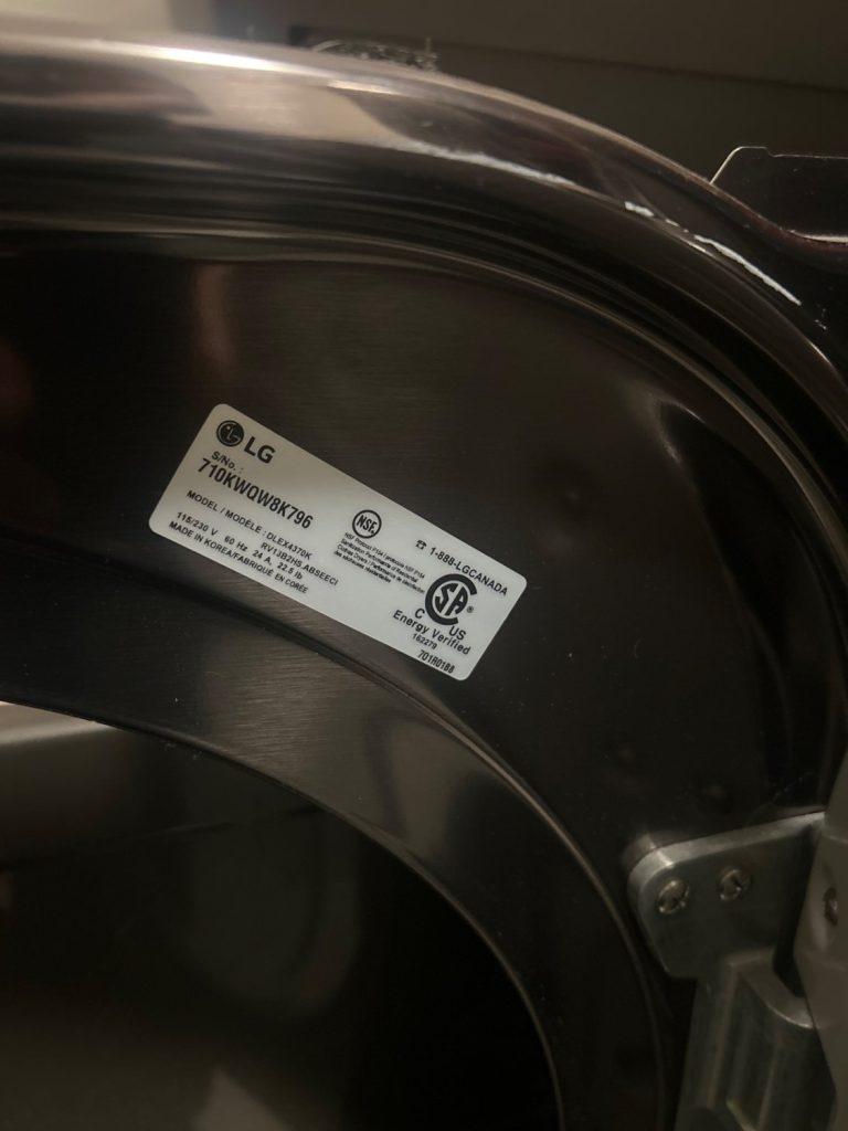 LG dryer nameplate showing model DLEX4370K during the D80 diagnostic in Aspen Woods, Calgary