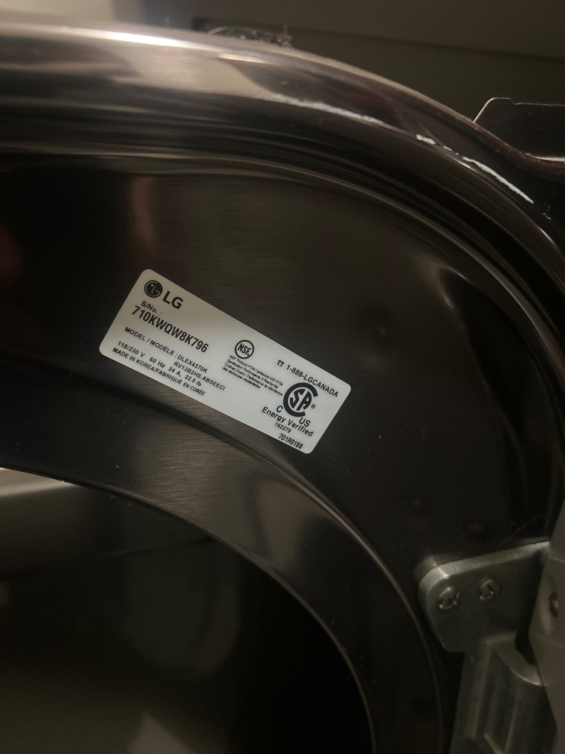 LG dryer nameplate showing model DLEX4370K during the D80 diagnostic in Aspen Woods, Calgary