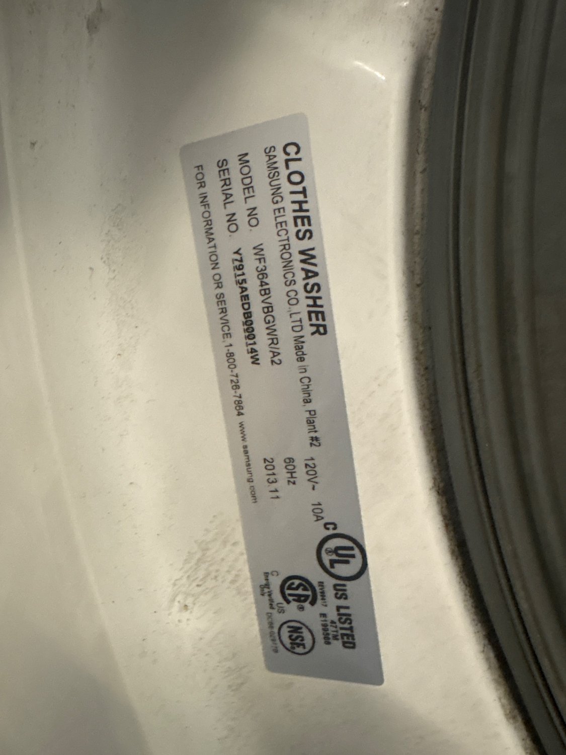 Samsung washer nameplate showing model WF364BVBGWR/A2 during the NE Calgary control-board diagnosis