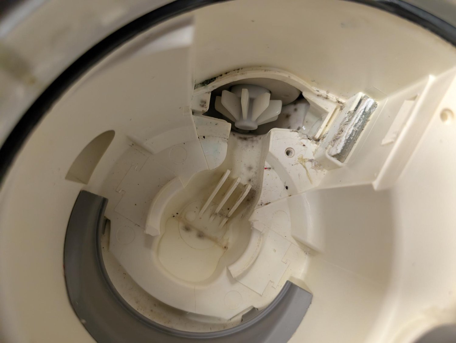 Interior sump and drain area of the Bosch dishwasher during the obstruction diagnosis in Castle Downs, Edmonton