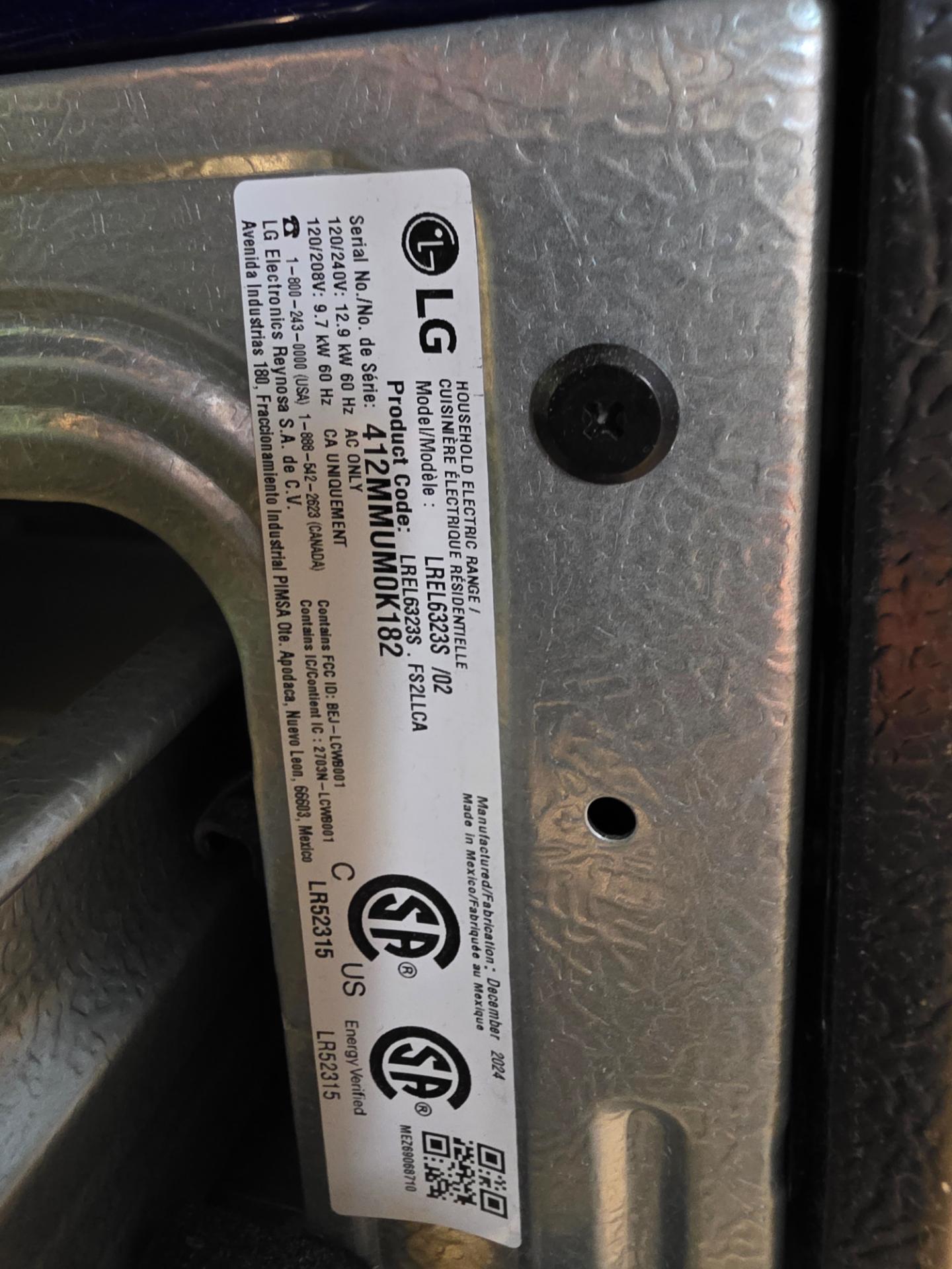 LG electric range model and serial label used to source the correct OEM burner regulator part