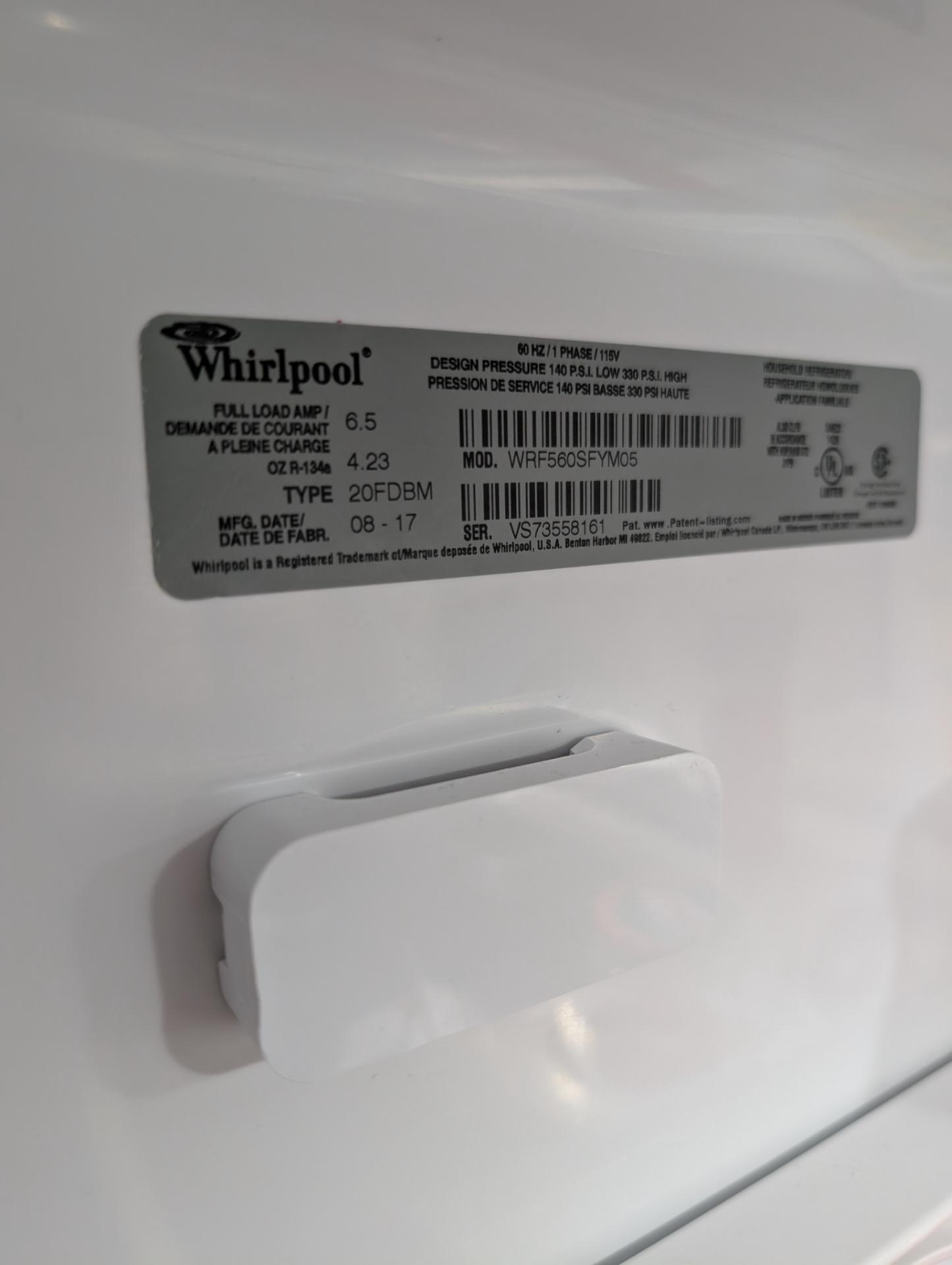 Whirlpool WRF560SFYM05 rating plate confirming model and serial during a refrigerator diagnostic in Stony Plain, AB