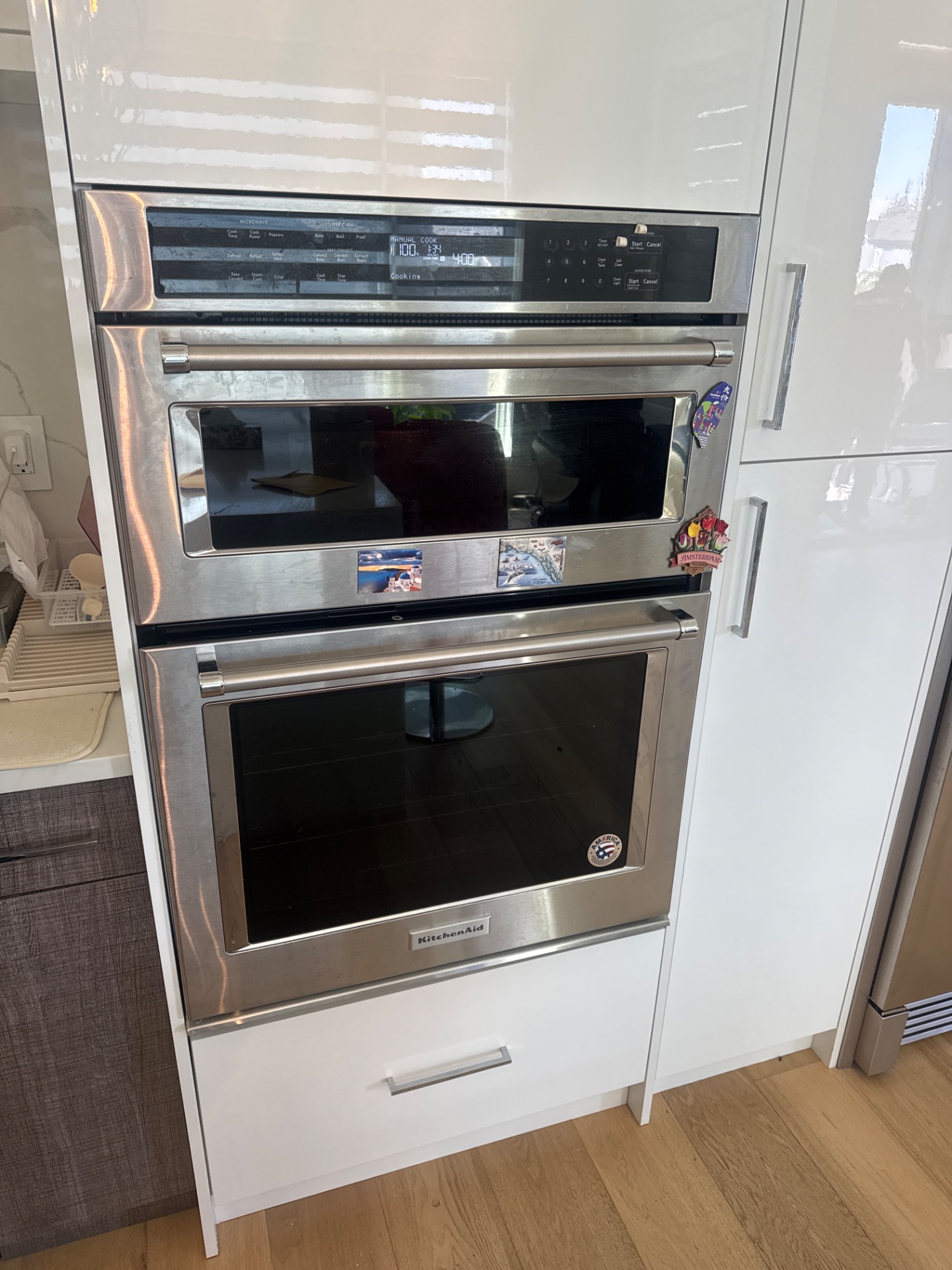 Repaired KitchenAid combination wall oven running a manual cook cycle after microwave subsystem replacement in South Surrey, BC