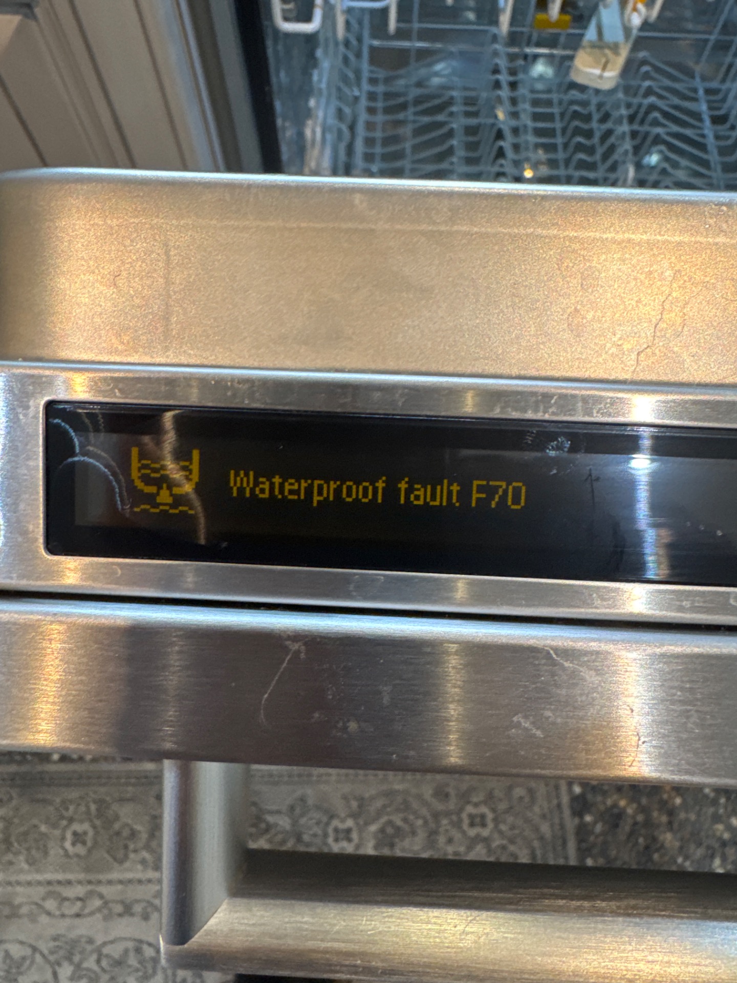 Miele dishwasher control display reading Waterproof fault F70 during a leak diagnostic in Vancouver