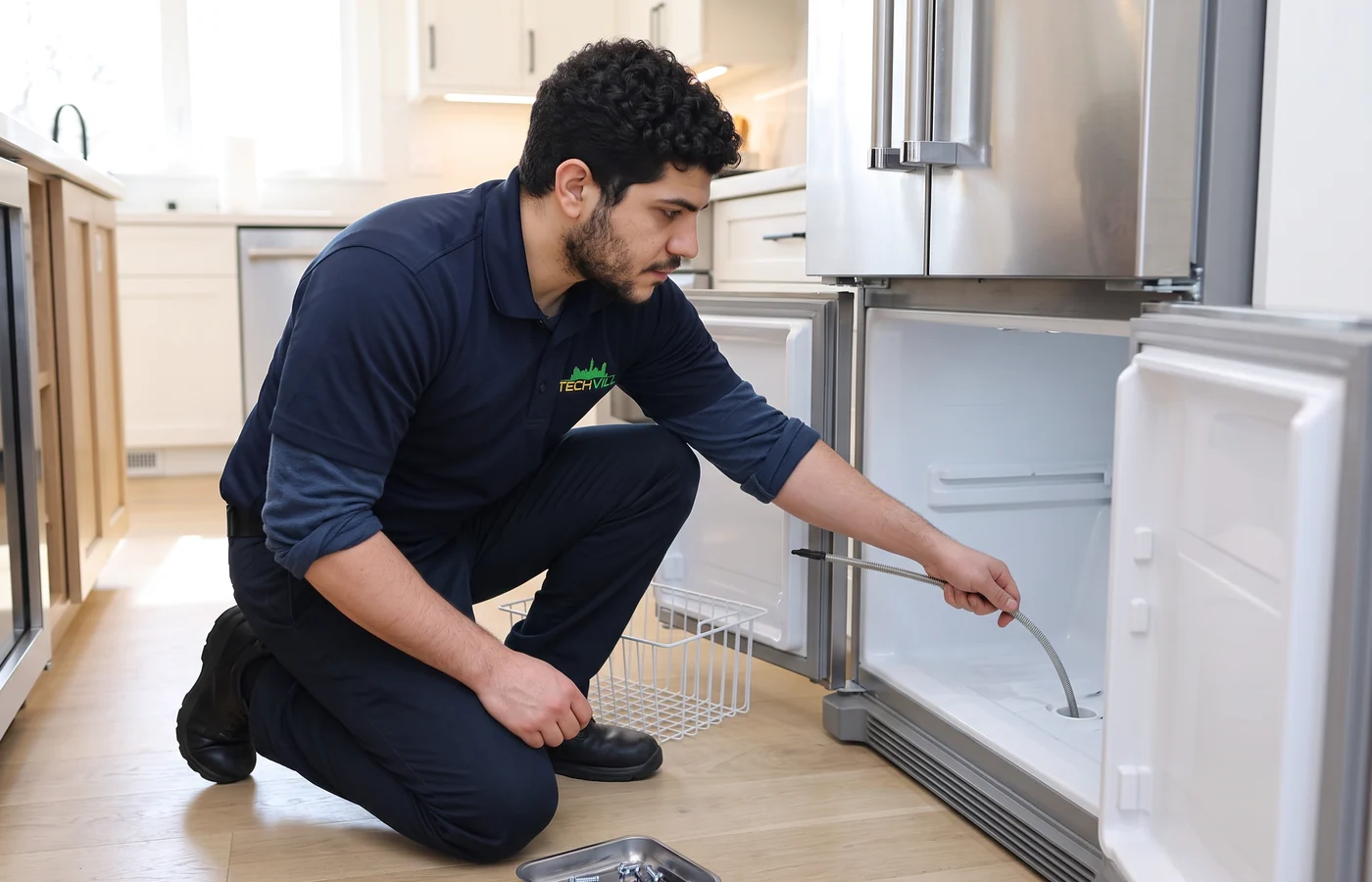 TechVill technician repairing a bottom-freezer fridge