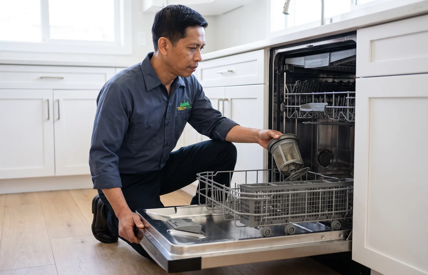 TechVill technician repairing a built-in dishwasher
