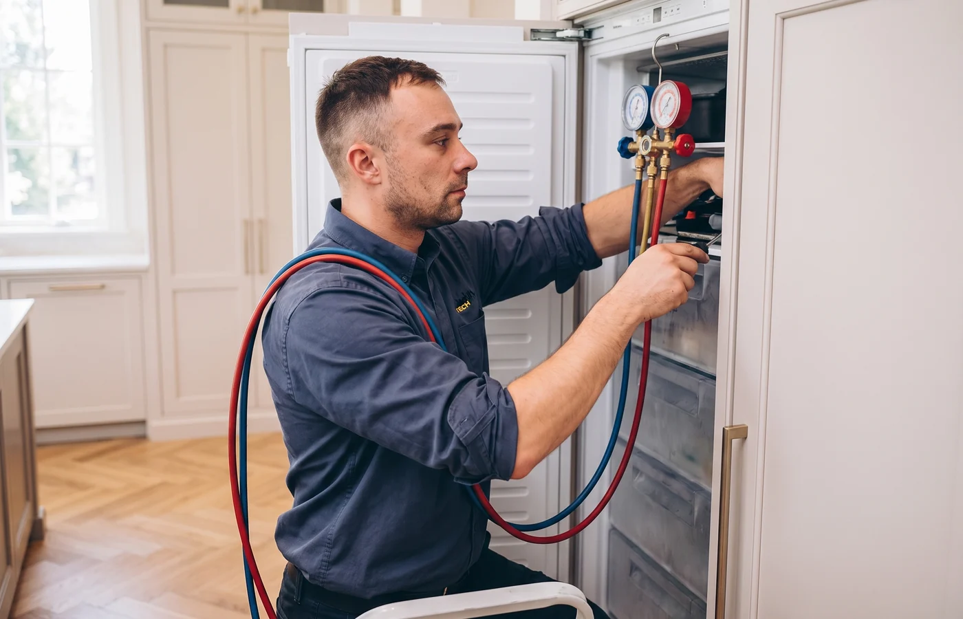 TechVill technician repairing a built-in freezer