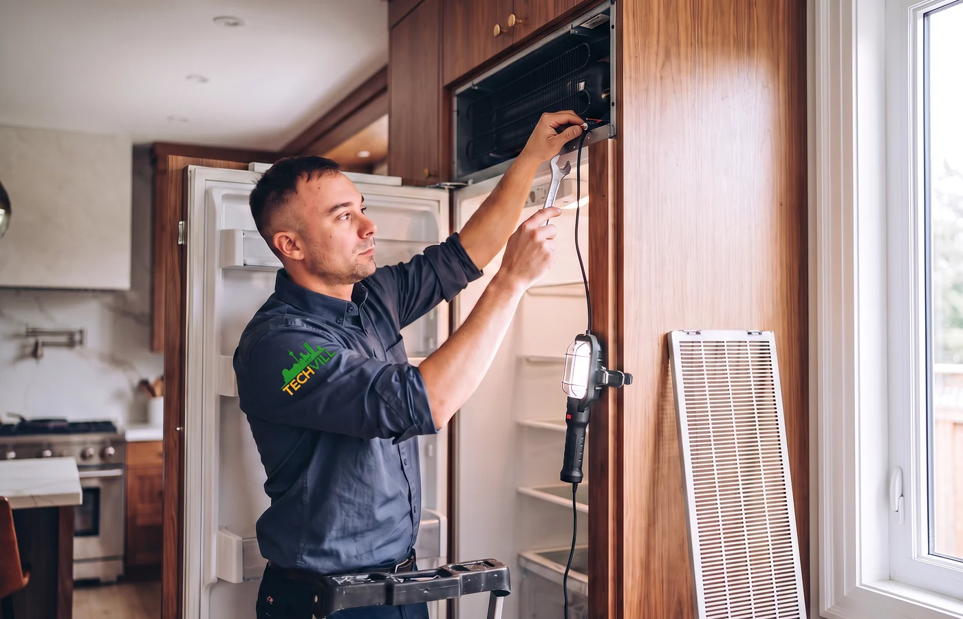TechVill technician repairing a built-in fridge