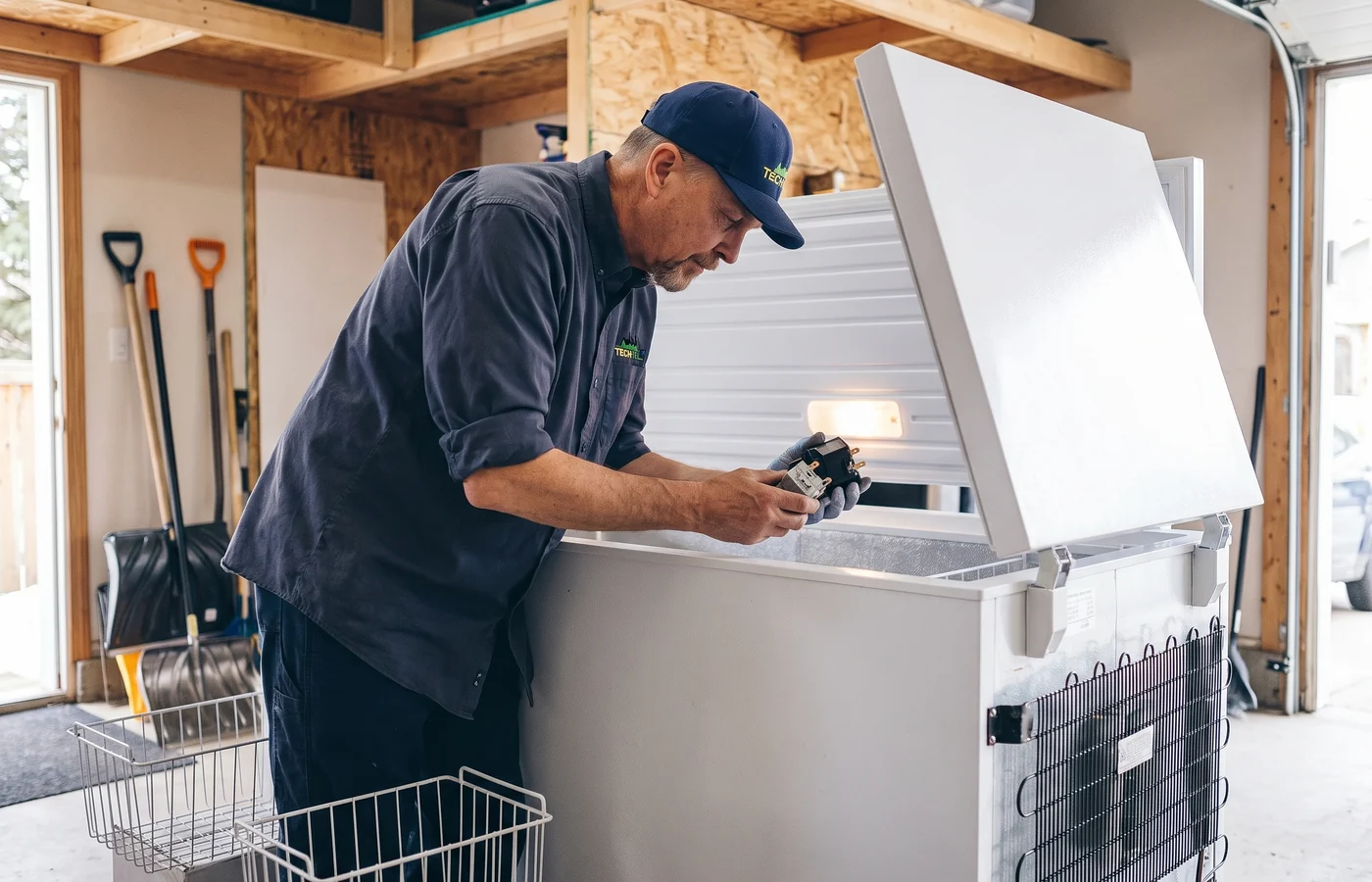 TechVill technician repairing a chest freezer