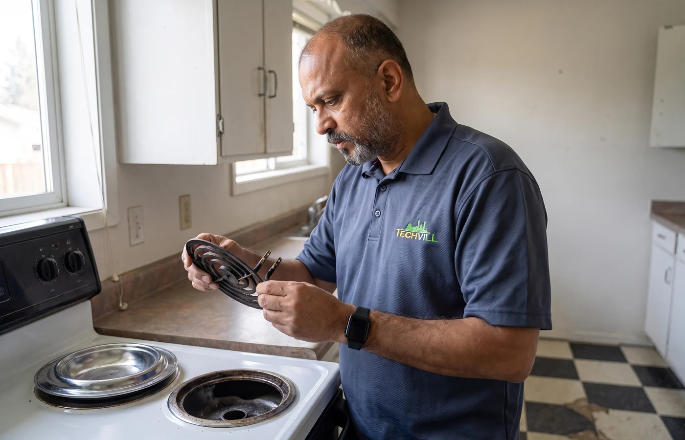TechVill technician repairing a coil stove