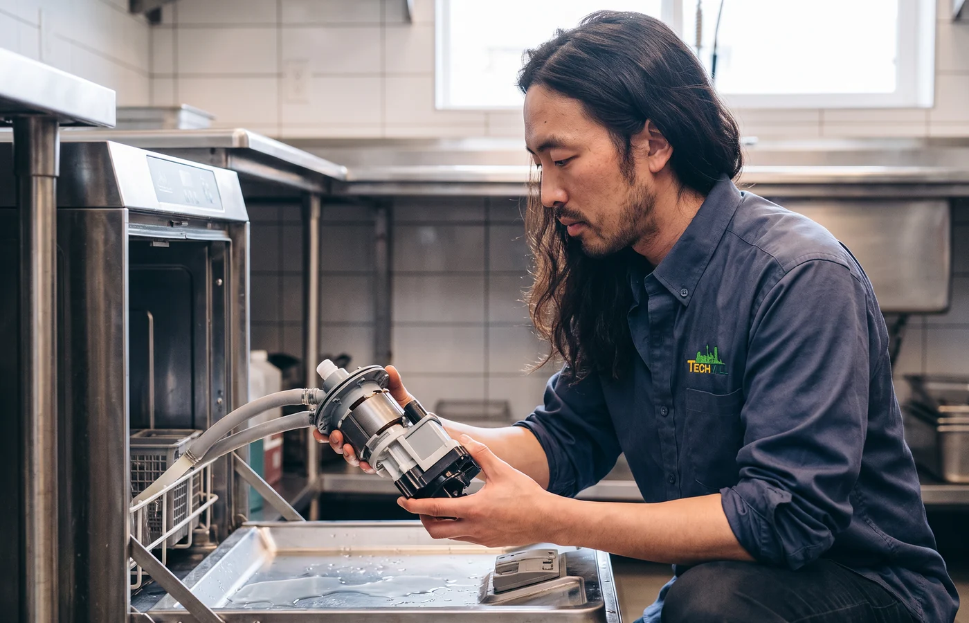 TechVill technician repairing a commercial dishwasher