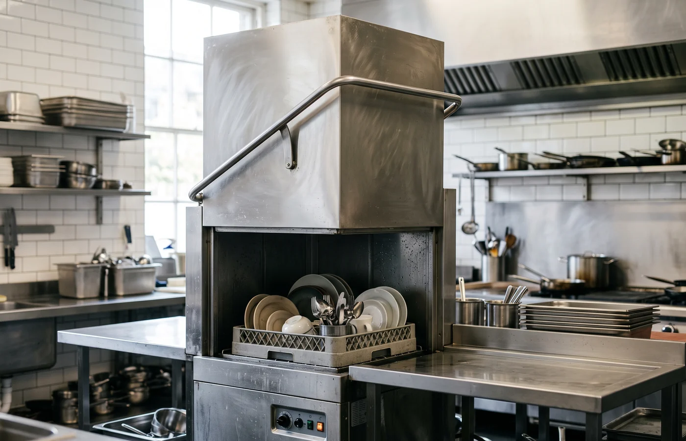 Commercial dishwasher in a Canadian kitchen
