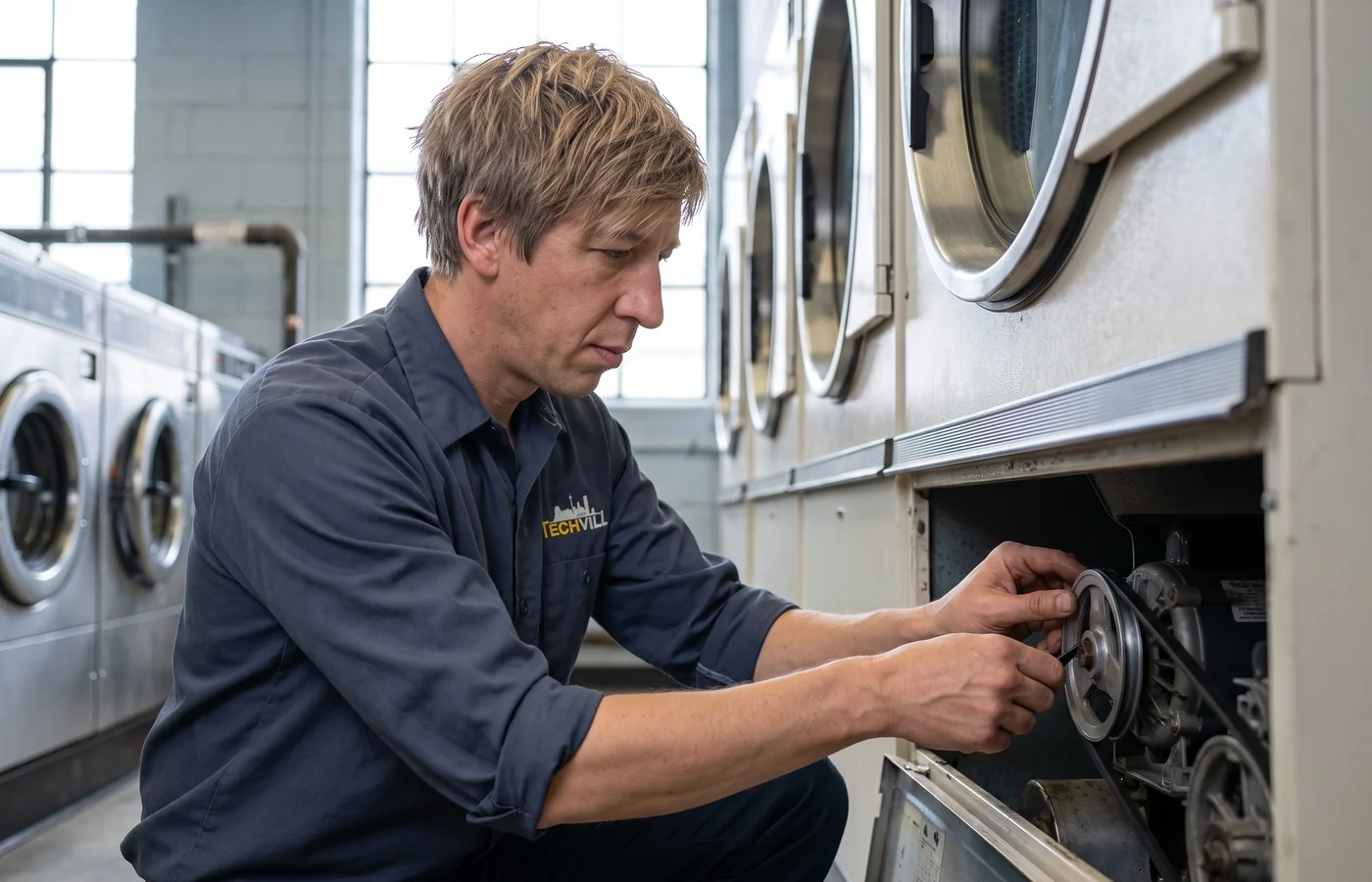 TechVill technician repairing a commercial dryer