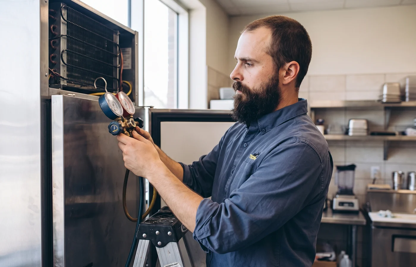 TechVill technician repairing a commercial freezer