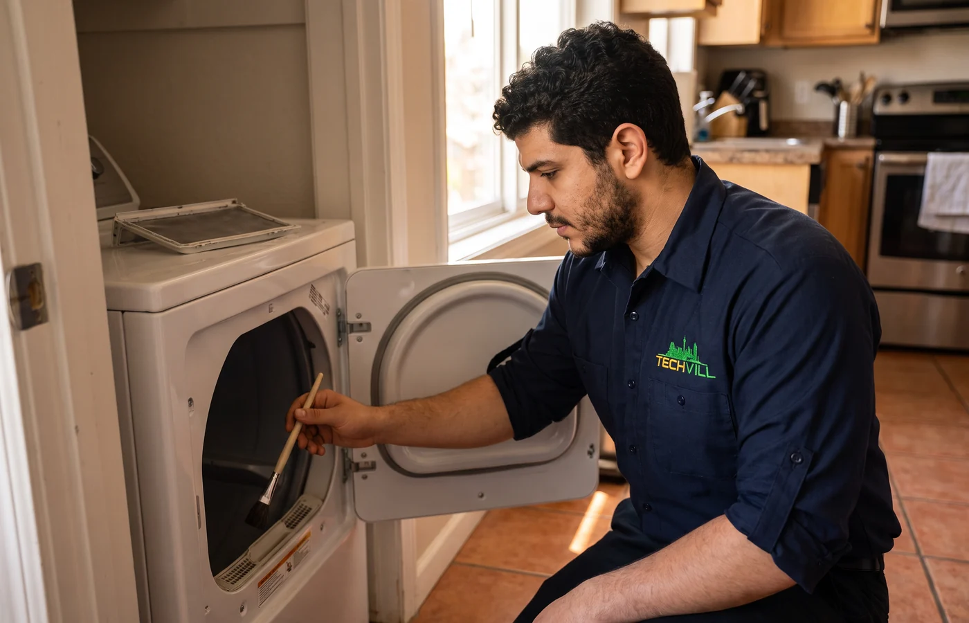 TechVill technician repairing a compact dryer