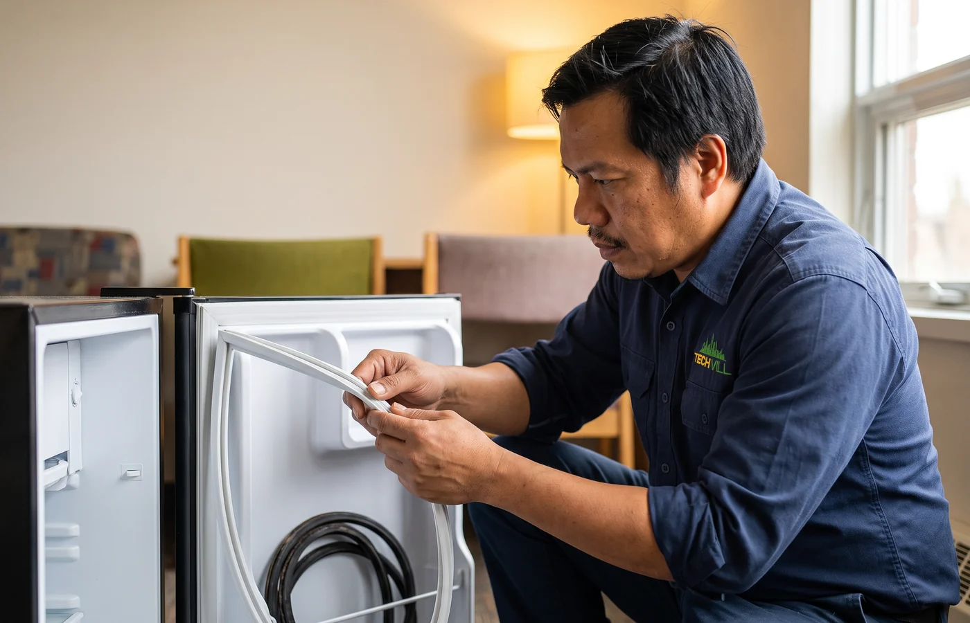 TechVill technician repairing a compact freezer