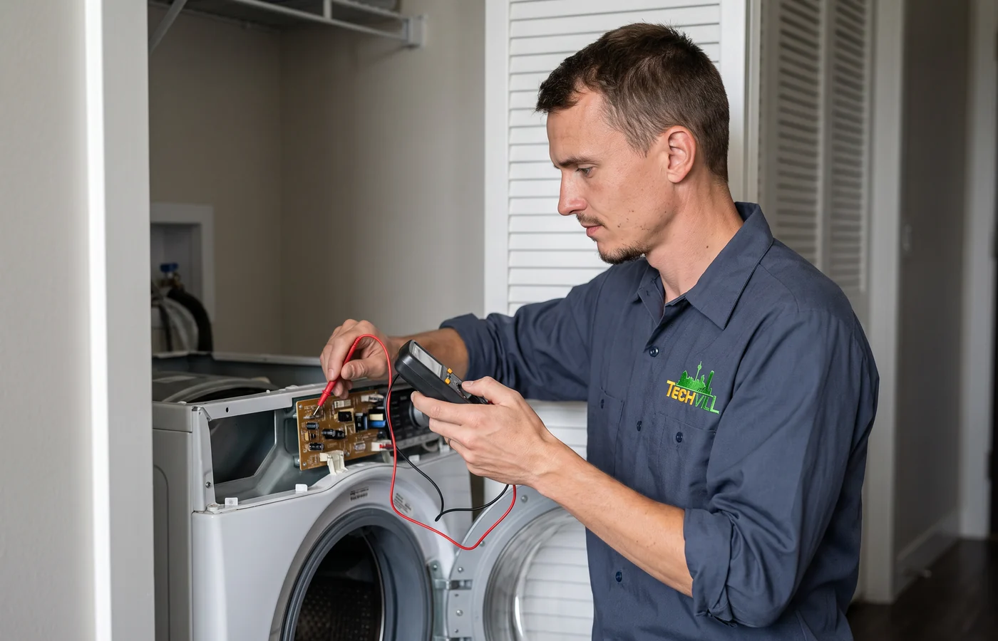 TechVill technician repairing a compact washer