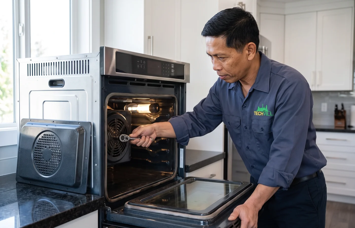 TechVill technician repairing a convection oven