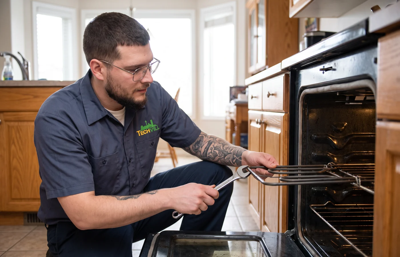 TechVill technician repairing a conventional oven