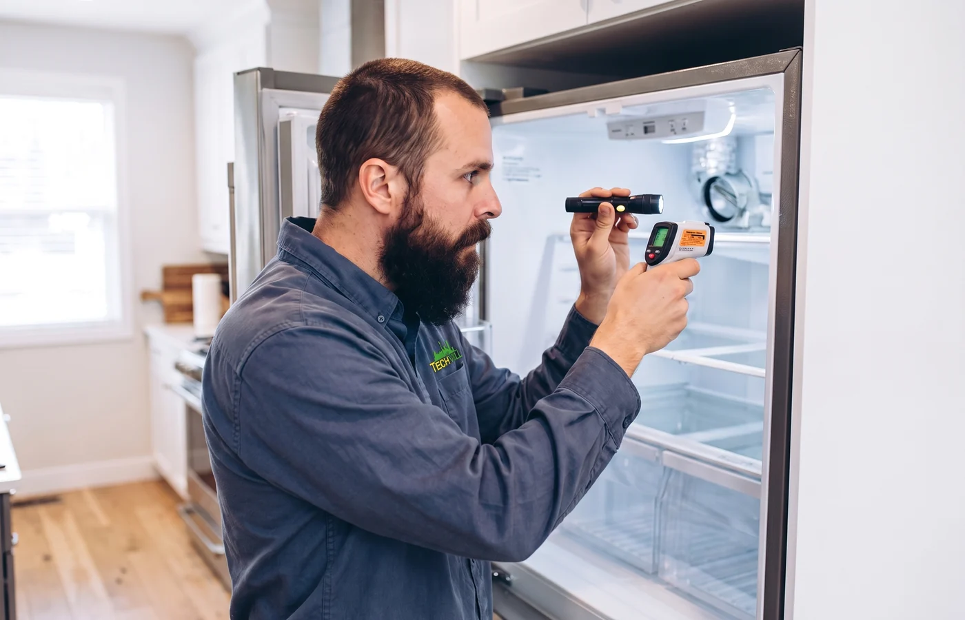TechVill technician repairing a counter-depth fridge