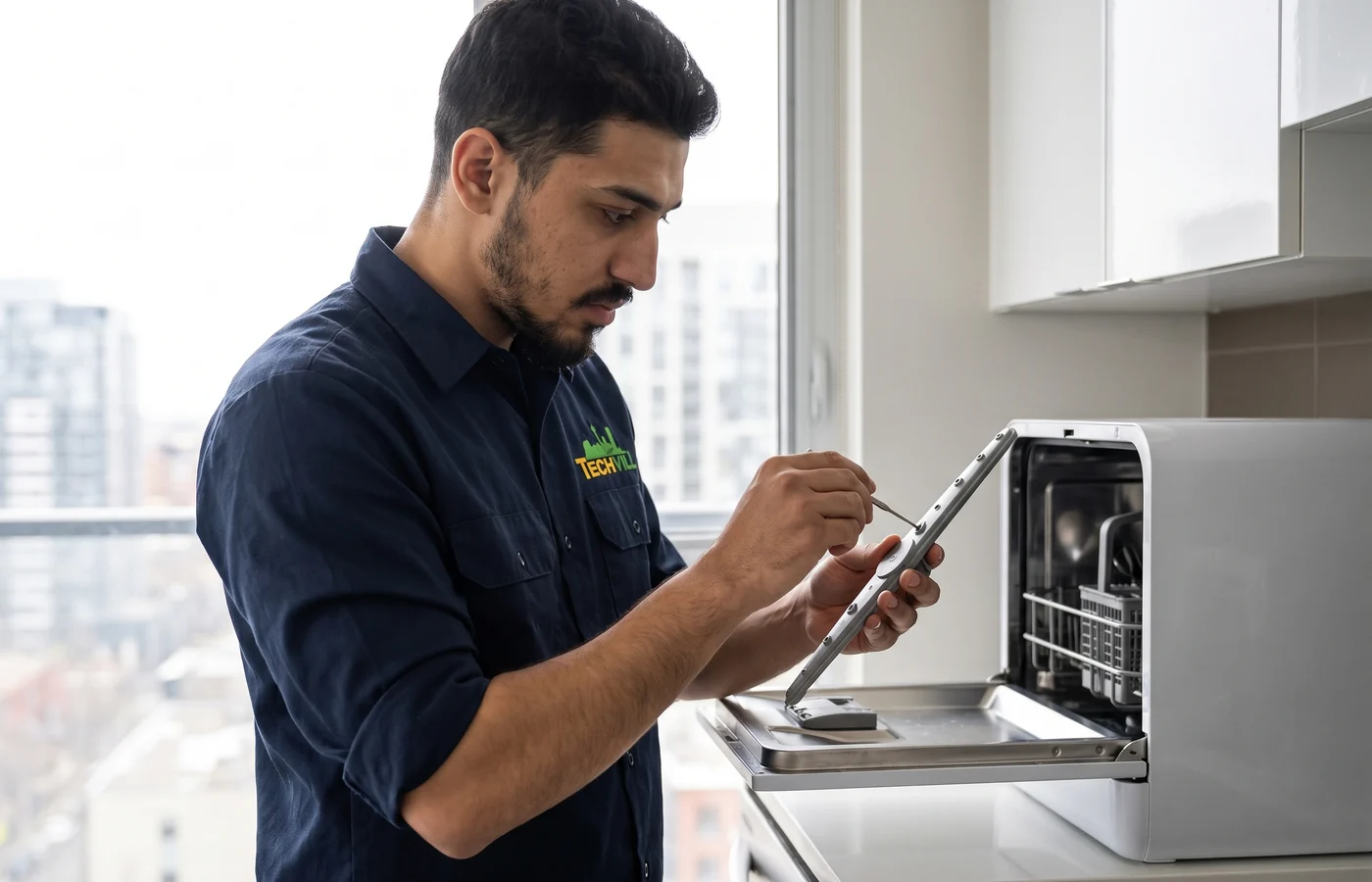TechVill technician repairing a countertop dishwasher