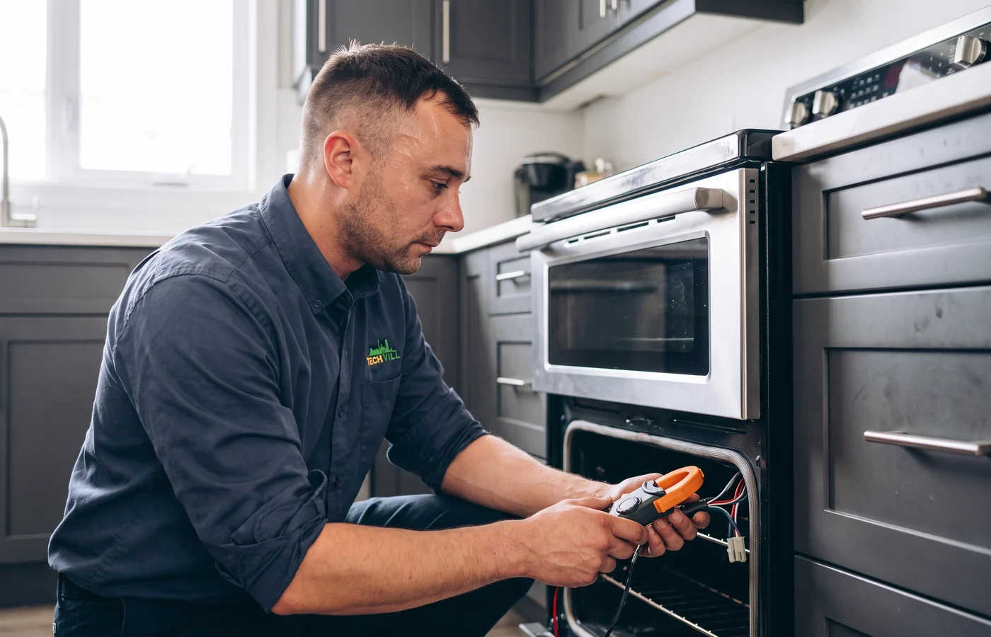 TechVill technician repairing a double-oven range