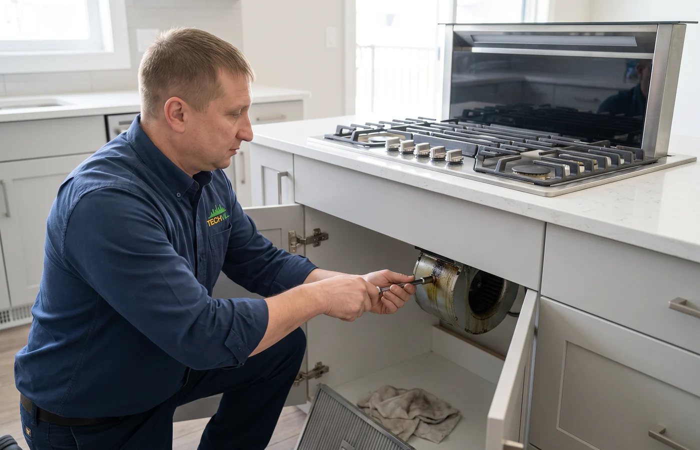 TechVill technician repairing a downdraft cooktop