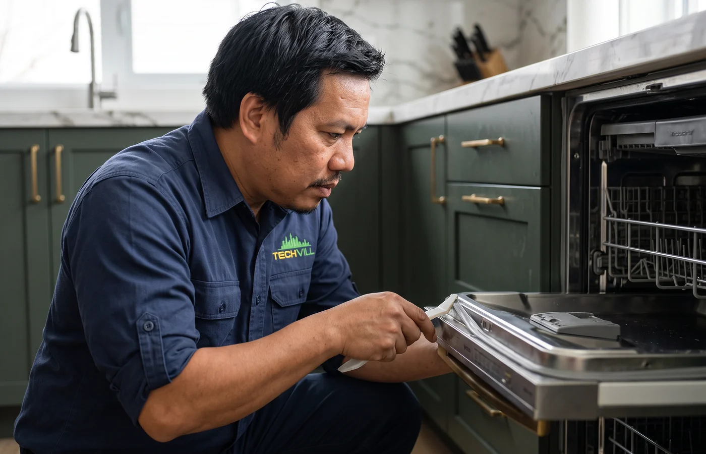 TechVill technician repairing a drawer dishwasher