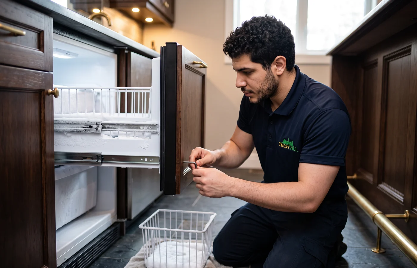 TechVill technician repairing a drawer freezer