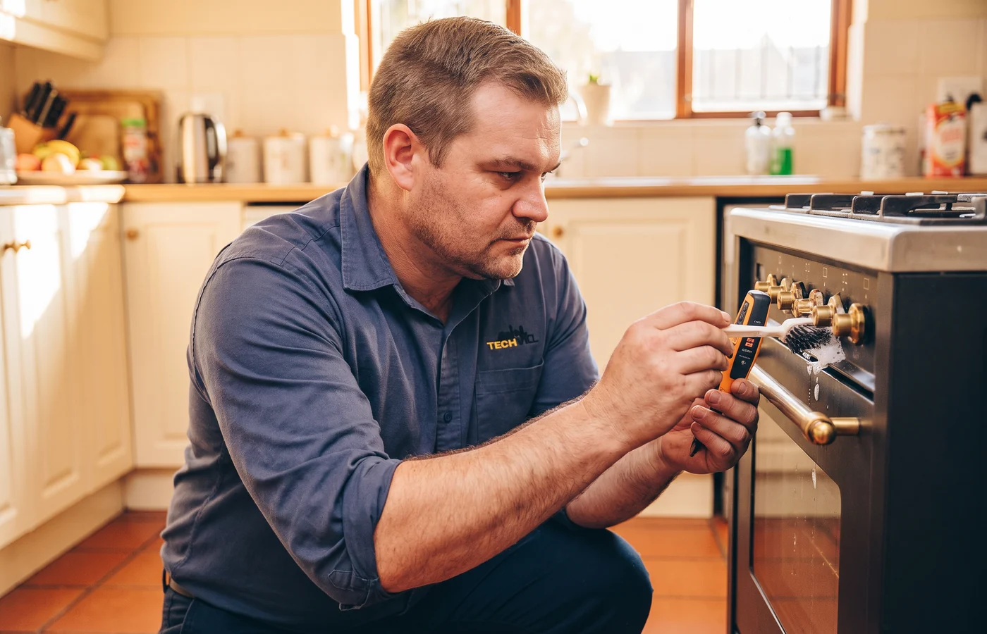 TechVill technician repairing a dual-fuel range