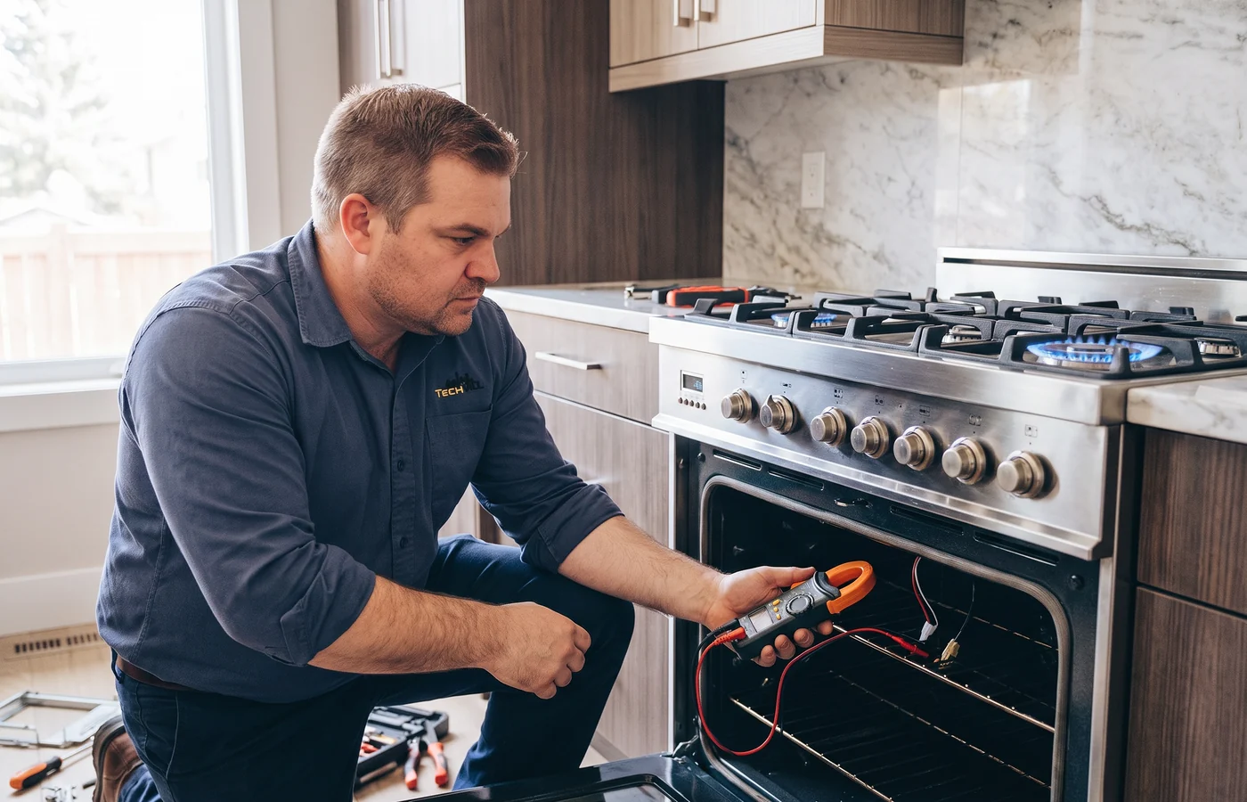 TechVill technician repairing a dual-fuel stove