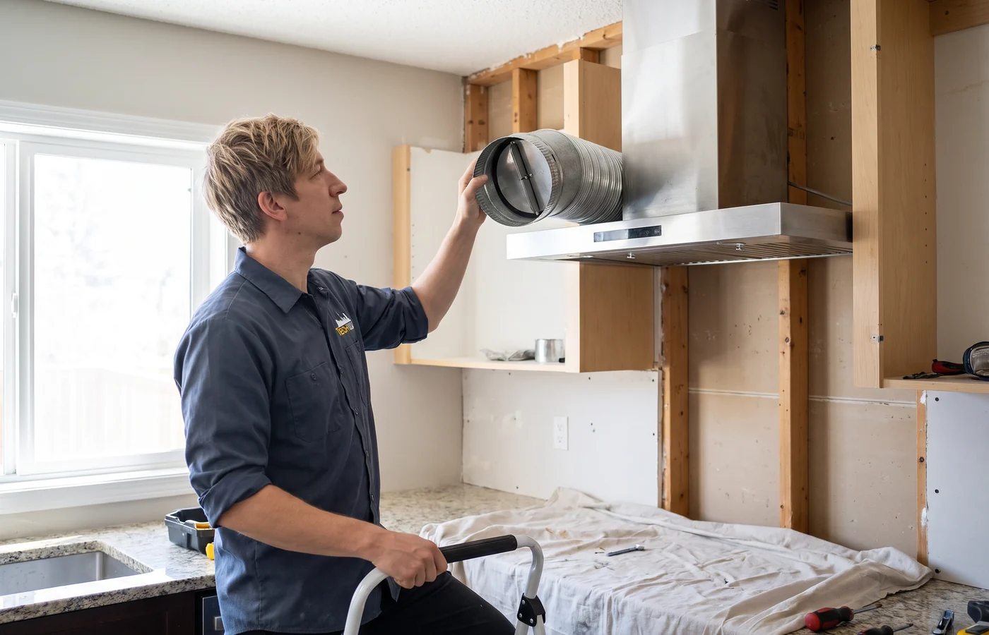 TechVill technician repairing a ducted hood fan