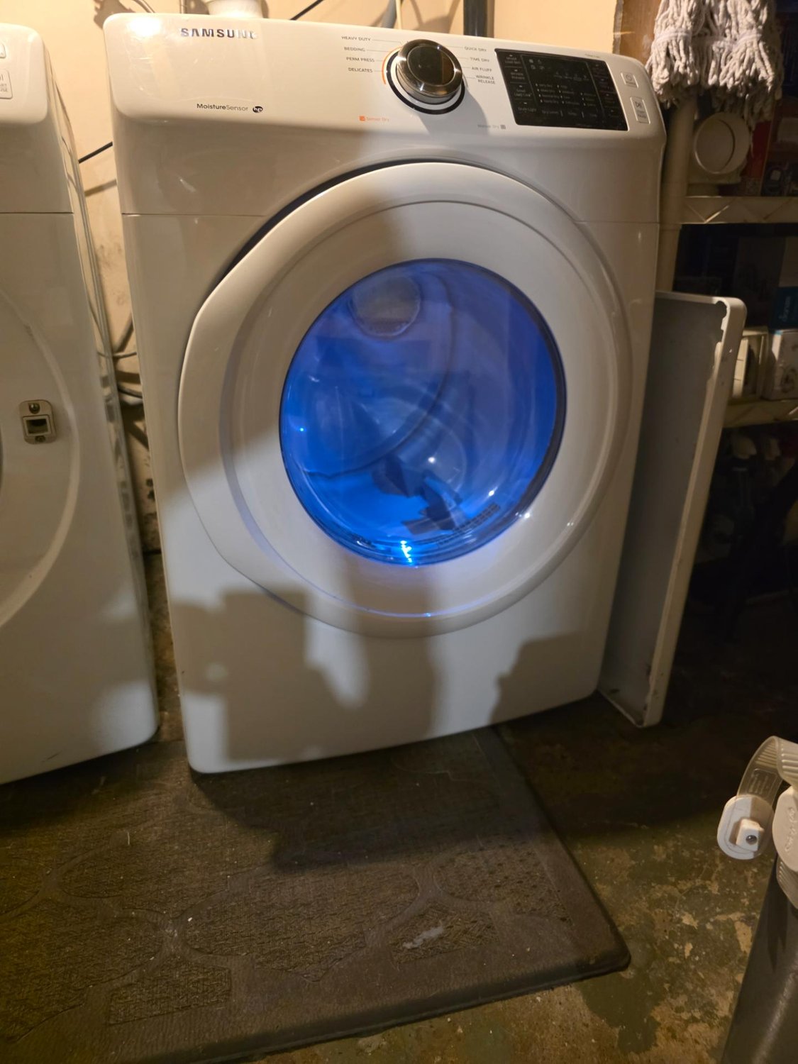 Samsung DV42H5000EW electric dryer with drum light on in a north-central Edmonton laundry room before diagnosis