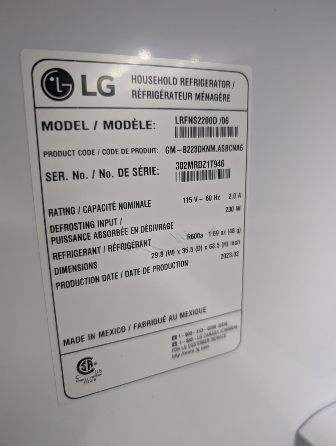 LG LRFNS2200D model plate confirming the refrigerator serviced by TechVill in Windermere, Edmonton
