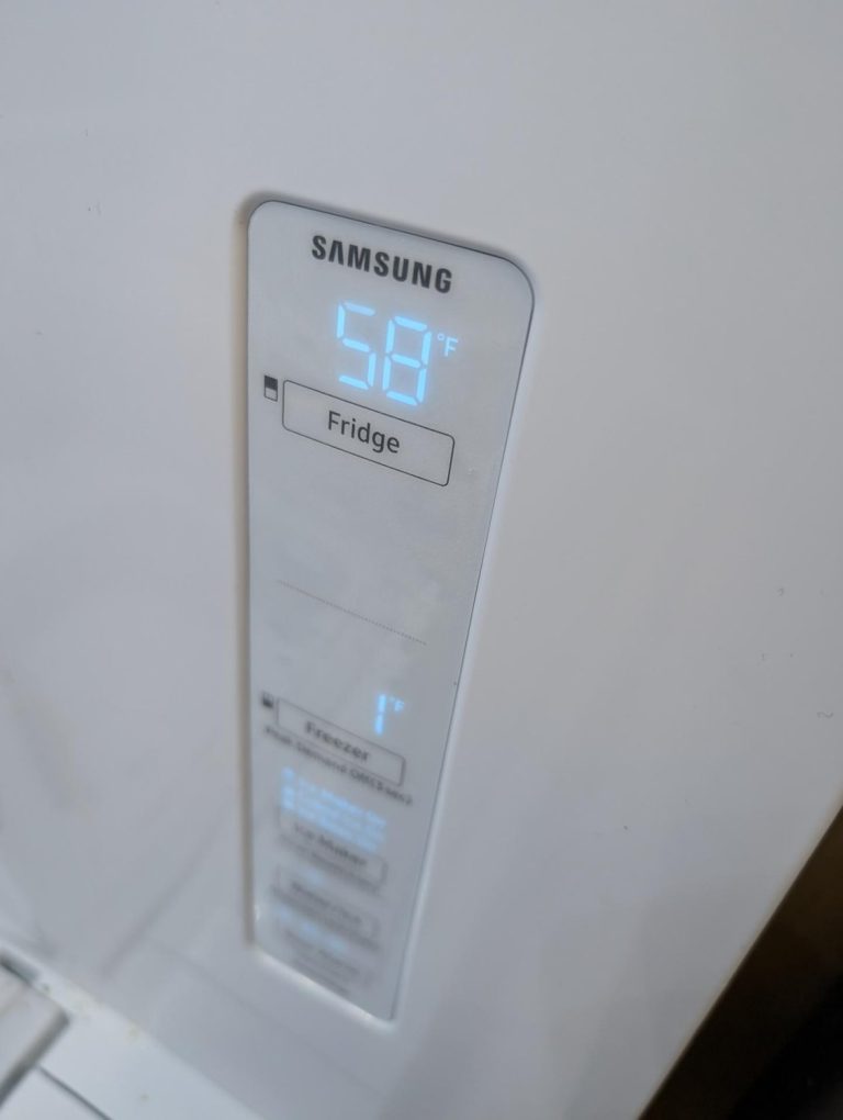 Samsung refrigerator control panel showing the fridge compartment at 58 degrees Fahrenheit during diagnosis in Edmonton