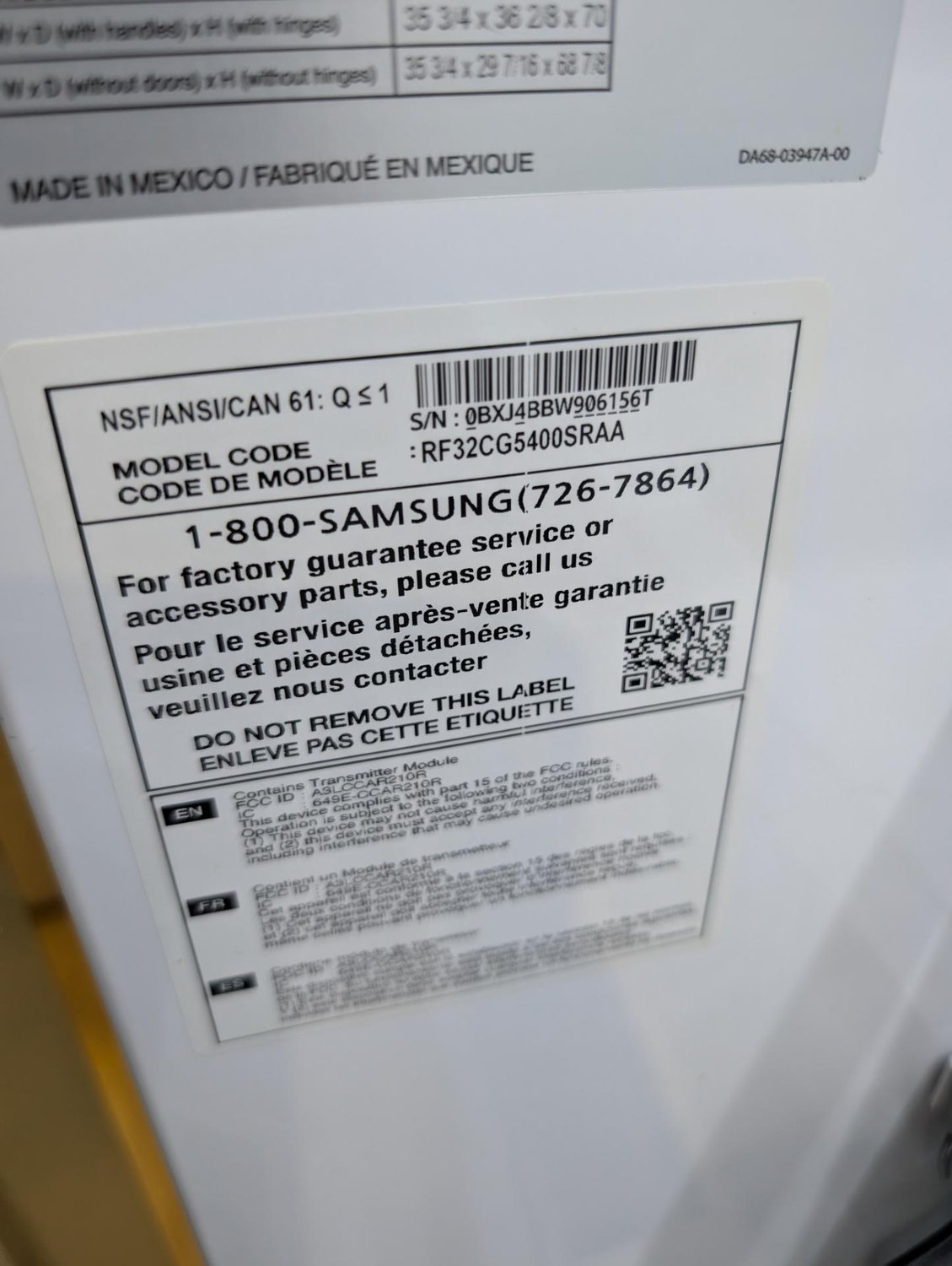 Samsung RF32CG5400SRAA model plate confirming the refrigerator details during TechVill service in Edmonton