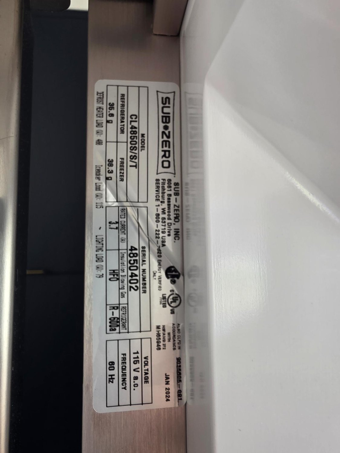 Sub-Zero CL4850S model plate with serial number photographed during the Edmonton diagnostic visit