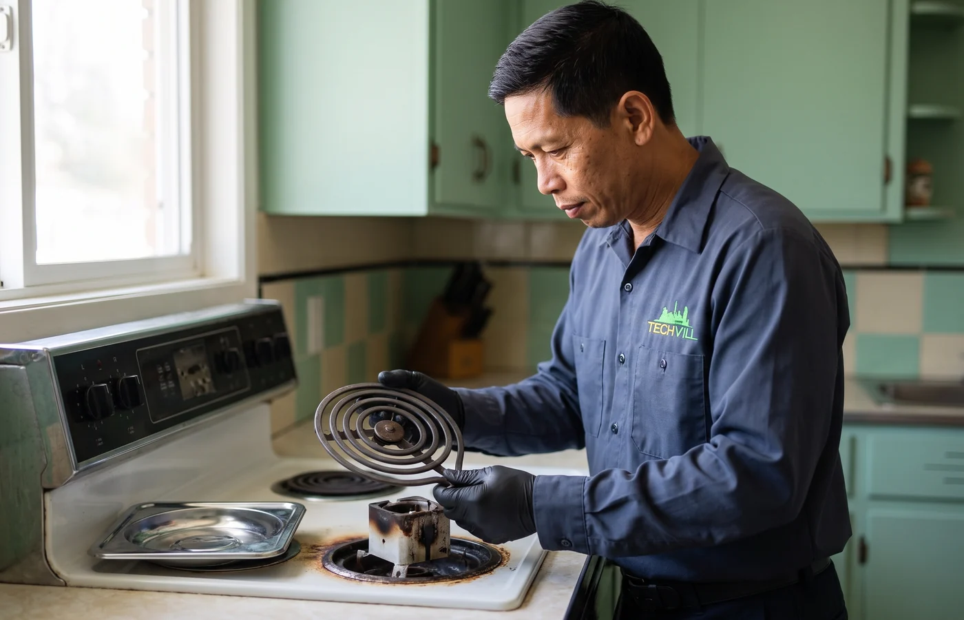 TechVill technician repairing an electric coil cooktop