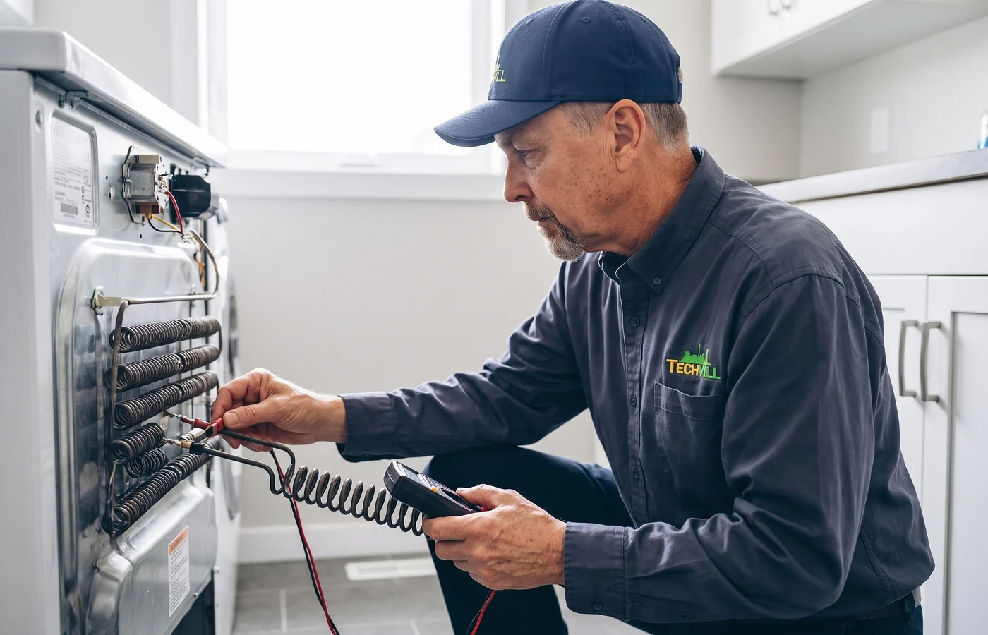 TechVill technician repairing an electric dryer