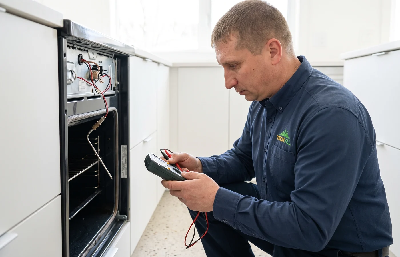TechVill technician repairing an electric oven