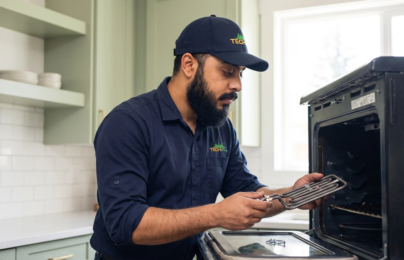TechVill technician repairing an electric range