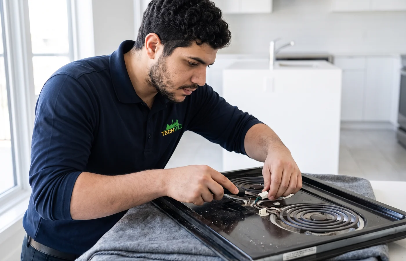 TechVill technician repairing an electric smooth-top cooktop