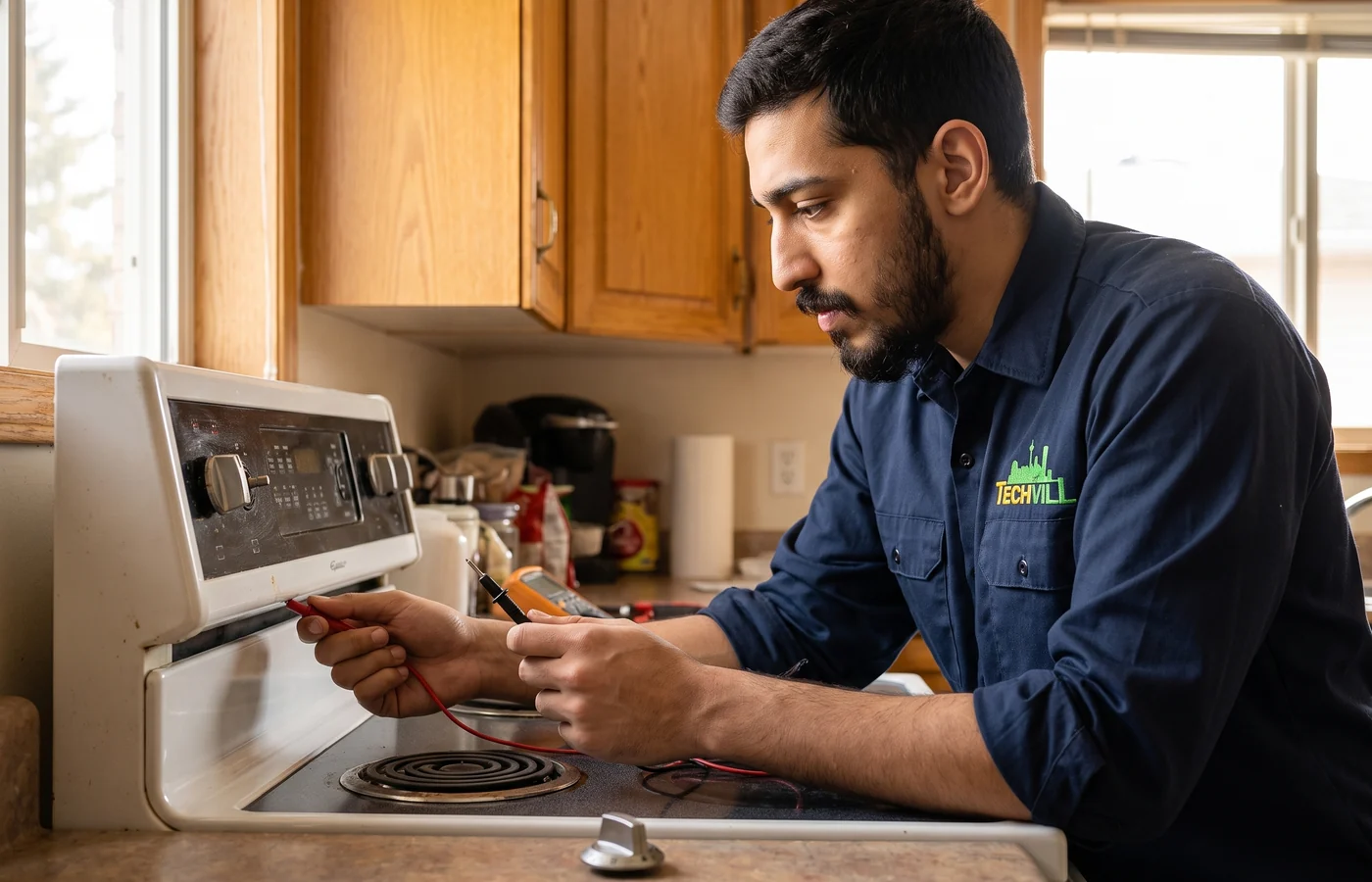 TechVill technician repairing an electric stove