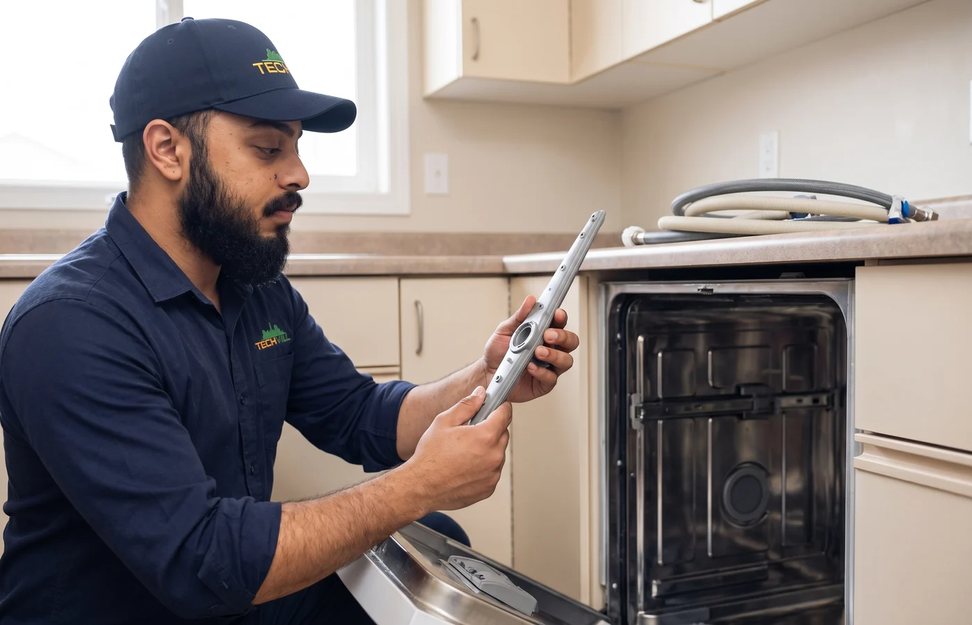 TechVill technician repairing a freestanding dishwasher
