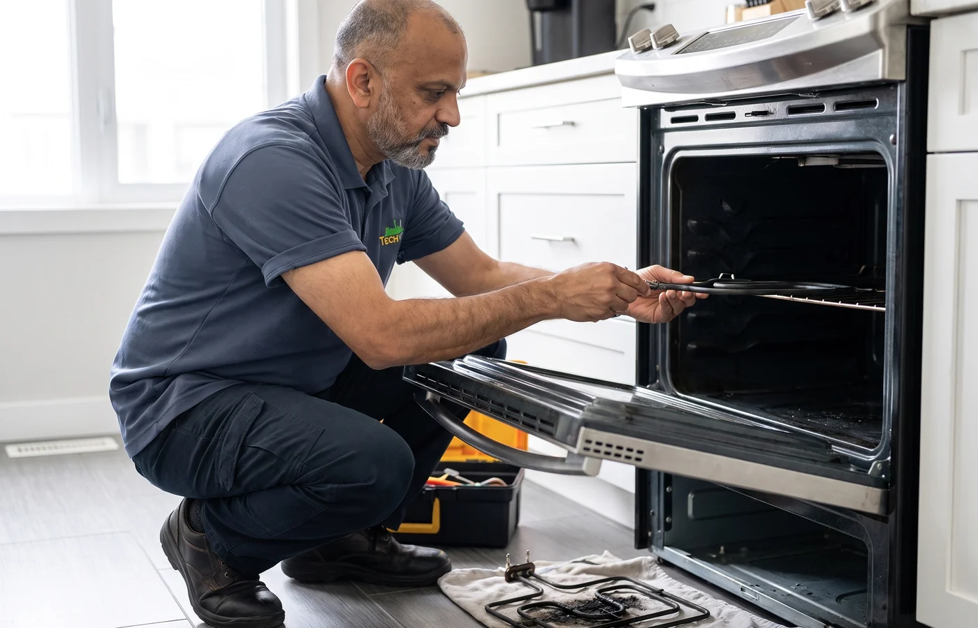 TechVill technician repairing a freestanding range