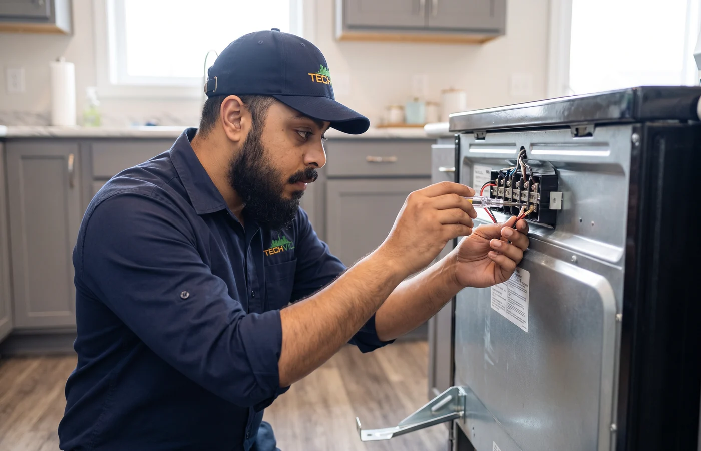 TechVill technician repairing a freestanding stove